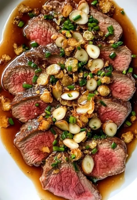 Rindertataki mit Knoblauchchips und Ponzu