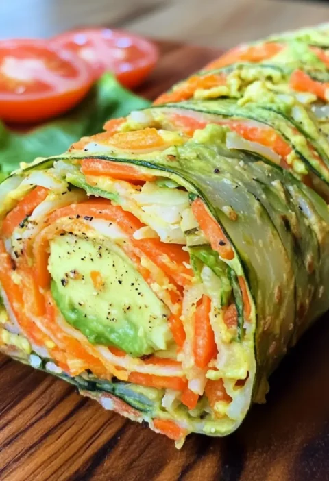 Healthy vegetable roll filled with avocado cream