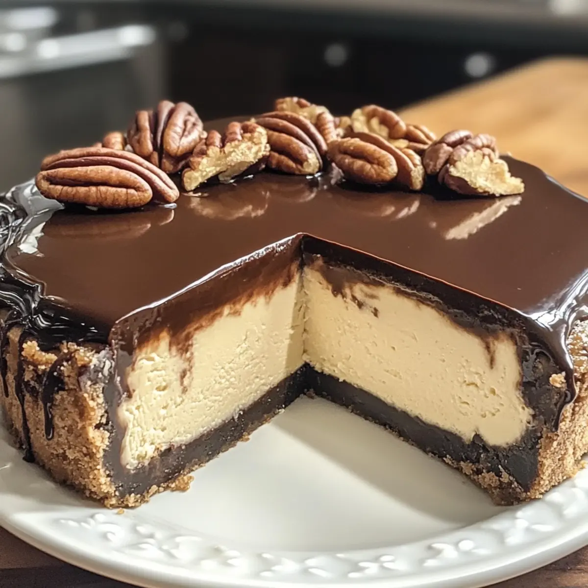Butter-Pecan-Cheesecake mit Schokoladenglasur