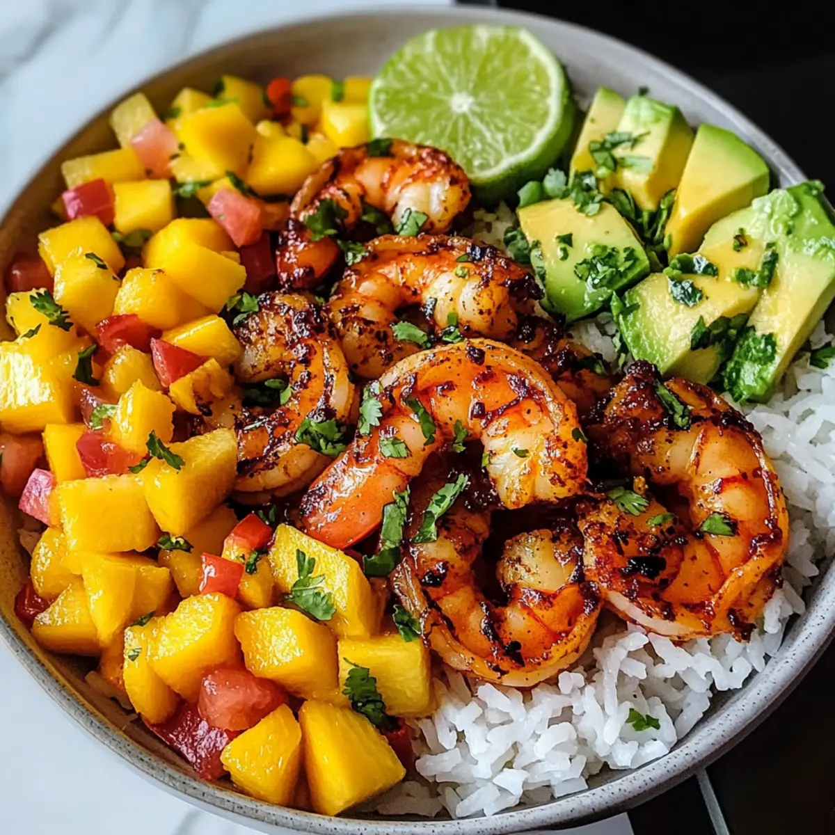 Chili-Limetten-Garnelen-Bowls mit Mango-Avocado-Salsa 4 Chili Limetten Garnelen Bowls mit Mango Avocado