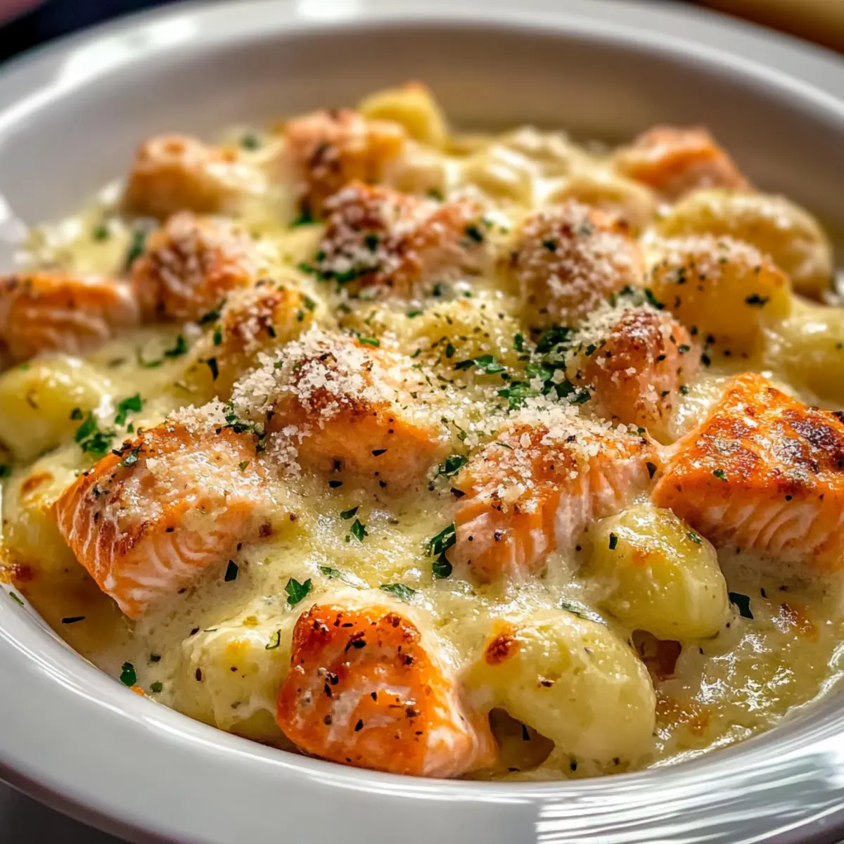 Cremiger Knoblauch-Parmesan Lachs-Gnocchi-Auflauf 4 Cremiger Knoblauch Parmesan Lachs Gnocchi Auflauf Rezept gl67nd