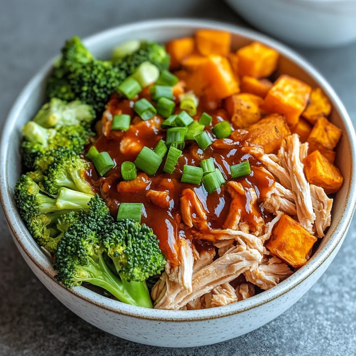 Einfache BBQ-Hähnchen- und Süßkartoffel-Schalen 5 Einfache BBQ-Hähnchen- und geröstete Süßkartoffel-Schalen Rezept