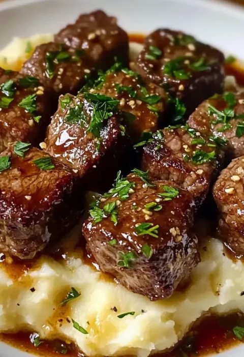 Knoblauchbutter-Rindfleischbissen mit cremigem Kartoffelbrei Rezept