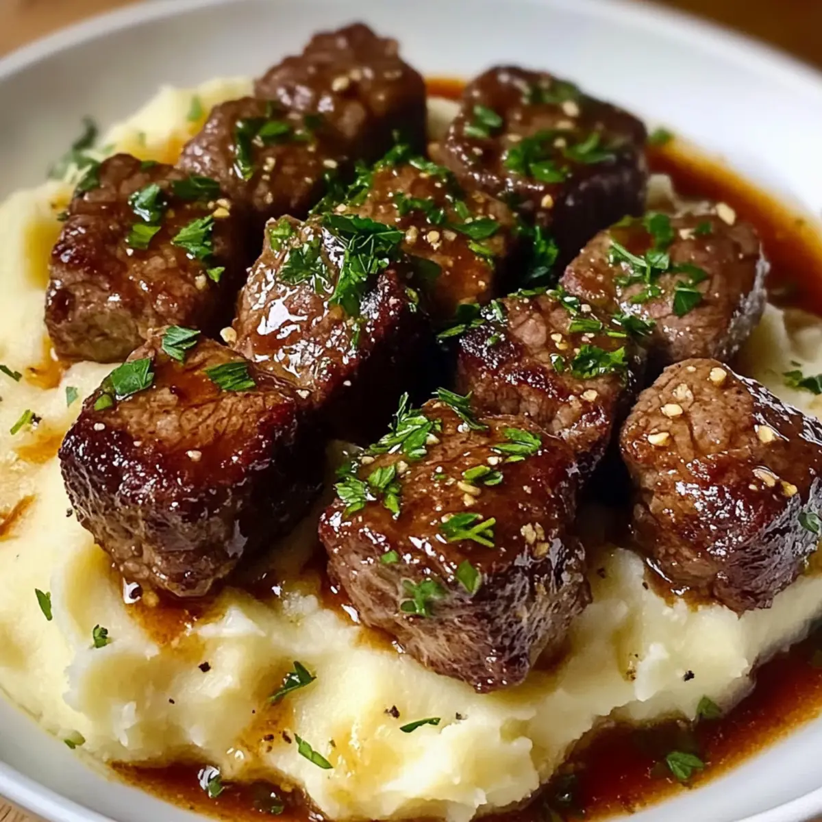 Knoblauchbutter-Rindfleischbissen mit cremigem Kartoffelbrei Rezept