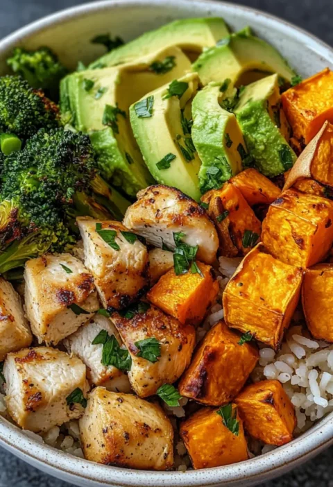 Gesunde Hähnchen- und Süßkartoffel-Reis-Schüssel Rezept