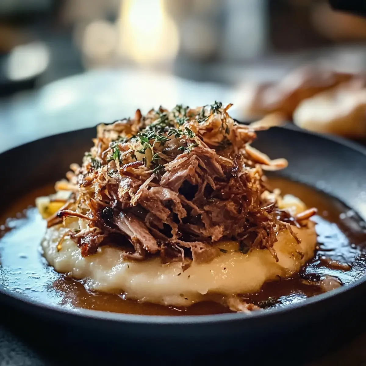 Mini-Ente-Confit-Parmentier mit Kartoffel-Chantilly 4 Mini Duck Confit Parmentier with Potato Chantilly Thyme Ash enrcga