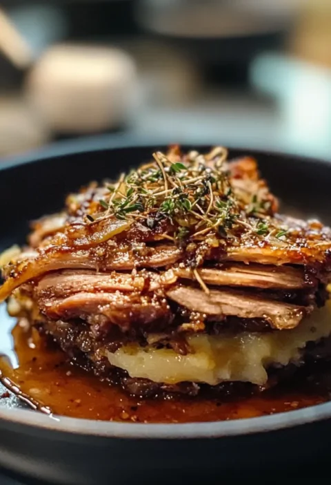 Mini-Ente-Confit-Parmentier mit Kartoffel-Chantilly und Thymian-Asche