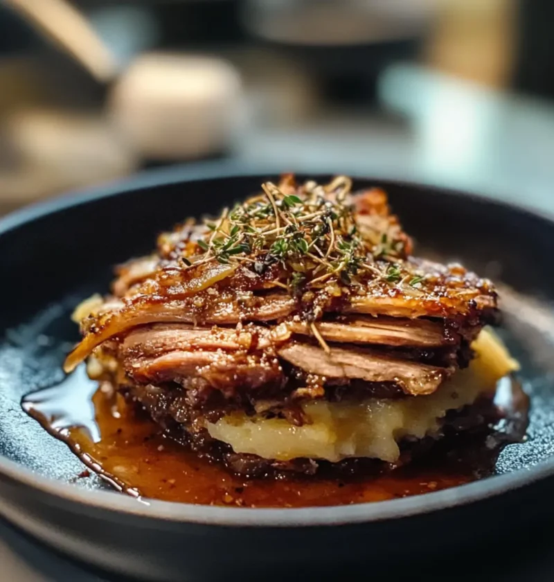 Mini-Ente-Confit-Parmentier für Gourmet-Liebhaber 1 Mini-Ente-Confit-Parmentier mit Kartoffel-Chantilly und Thymian-Asche