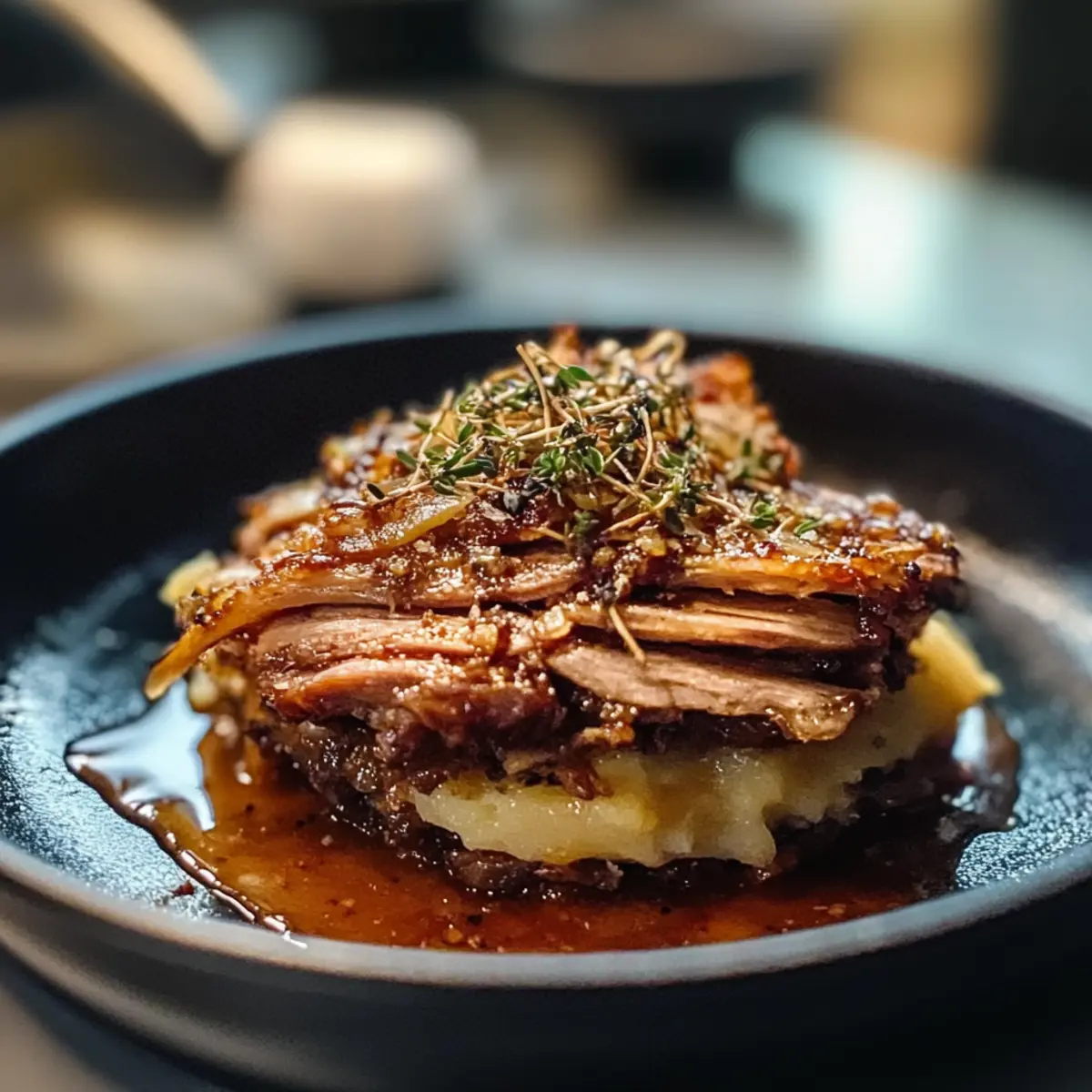 Mini-Ente-Confit-Parmentier für Gourmet-Liebhaber 5 Mini-Ente-Confit-Parmentier mit Kartoffel-Chantilly und Thymian-Asche