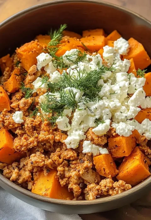 Saftige Putenhackfleisch- und Süßkartoffelschüssel