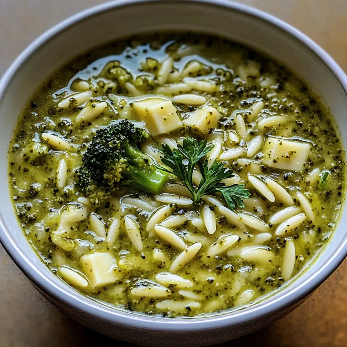Pesto Brokkoli Orzo Suppe