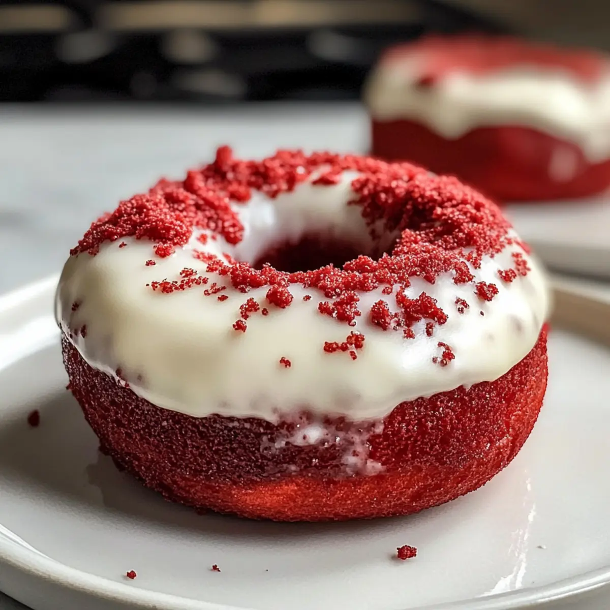 Rote Samt Donuts mit cremiger Glasur genießen 4 Red Velvet Donuts atg7h0