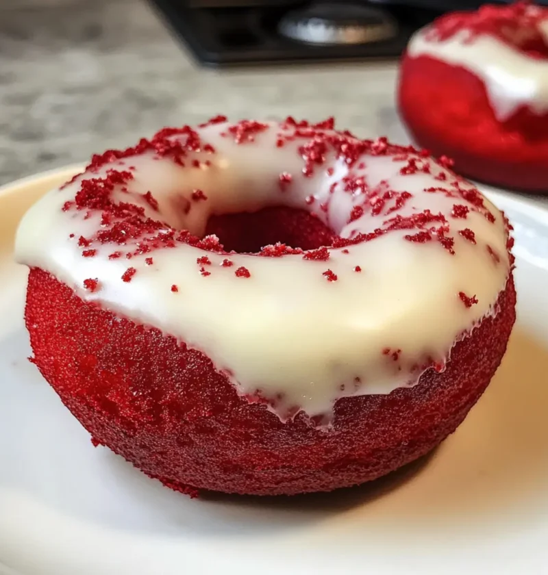 Rote Samt Donuts mit cremiger Glasur genießen 1 Rote Samt Donuts
