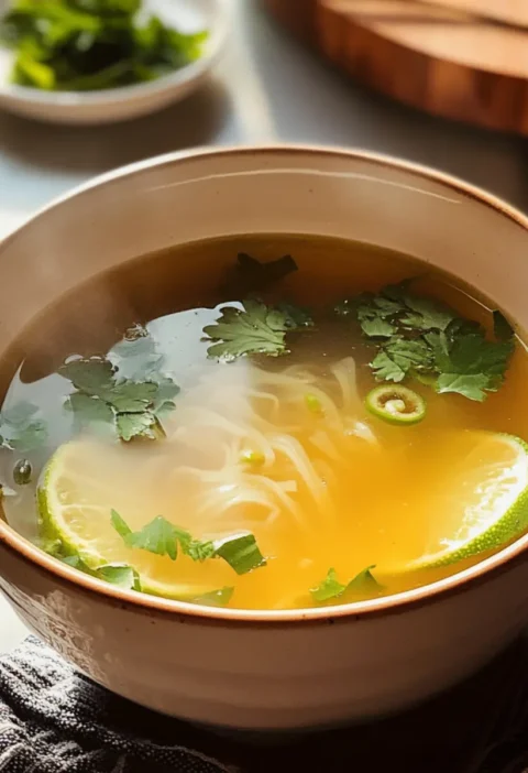 Thai-Brühe Rezept Zutaten: - 1 Liter Wasser - 1 Stück Galgant - 2 Stängel Zitronengras - 3 Kaffirlimettenblätter - 3 Scheiben Ingwer - 2 Chilischoten - 200 g Hühnerbrust - 150 g Champignons - 100 g Tofu - 2 Esslöffel Fischsauce - 1 Esslöffel Limettensaft - Frischer Koriander zum Garnieren Zubereitung: 1. Wasser in einem Topf zum Kochen bringen. 2. Galgant, Zitronengras, Kaffirlimettenblätter, Ingwer und Chilischoten hinzufügen. 3. 10 Minuten köcheln lassen. 4. Hühnerbrust, Champignons und Tofu hinzufügen. 5. Weitere 10 Minuten kochen lassen. 6. Fischsauce und Limettensaft einrühren. 7. Mit frischem Koriander garnieren und servieren.