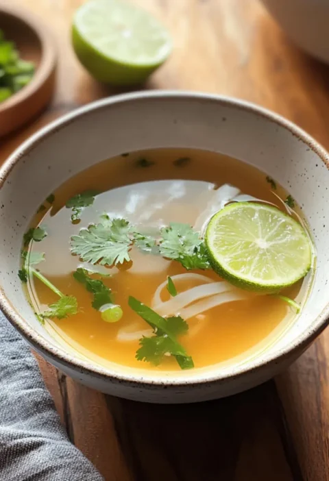 Thailändische Brühe Rezept Zutaten: - 1 Liter Wasser - 2 Stängel Zitronengras, zerdrückt - 3 Scheiben Galgant - 5 Kaffir-Limettenblätter - 2-3 Chilischoten - 200 g Hähnchenbrust, in Stücke geschnitten - 200 g Champignons, halbiert - 2 Esslöffel Fischsauce - 1 Esslöffel Zucker - Saft von 1 Limette - Koriander zum Garnieren Anleitung: 1. Wasser in einem Topf zum Kochen bringen. 2. Zitronengras, Galgant, Kaffir-Limettenblätter und Chilischoten hinzufügen und 10 Minuten köcheln lassen. 3. Hähnchenbrust und Champignons hinzufügen und weitere 10 Minuten kochen. 4. Fischsauce und Zucker einrühren und 1 Minute kochen lassen. 5. Vom Herd nehmen und Limettensaft hinzufügen. 6. Mit Koriander garnieren und servieren.
