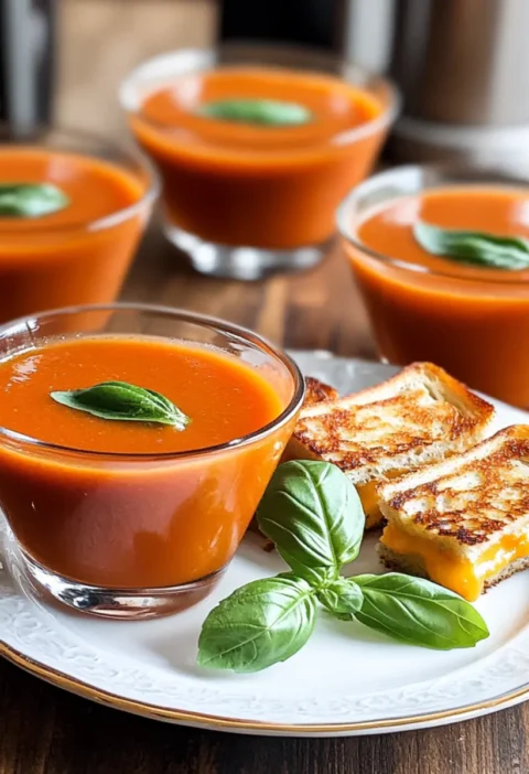 Tomaten-Basilikum-Suppe Shooter mit gegrillten Käsebissen
